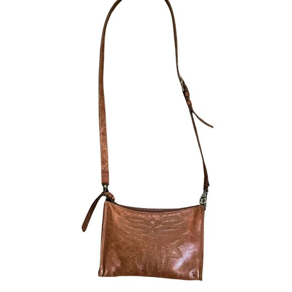 Frye Cognac Leather Crossbody Bag — Embroidered Front, Adjustable Strap - Picture 1 of 5